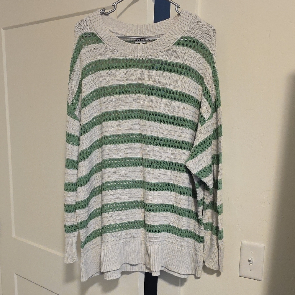 Ava & Viv White Sweater with Sage Open Knit Stripes